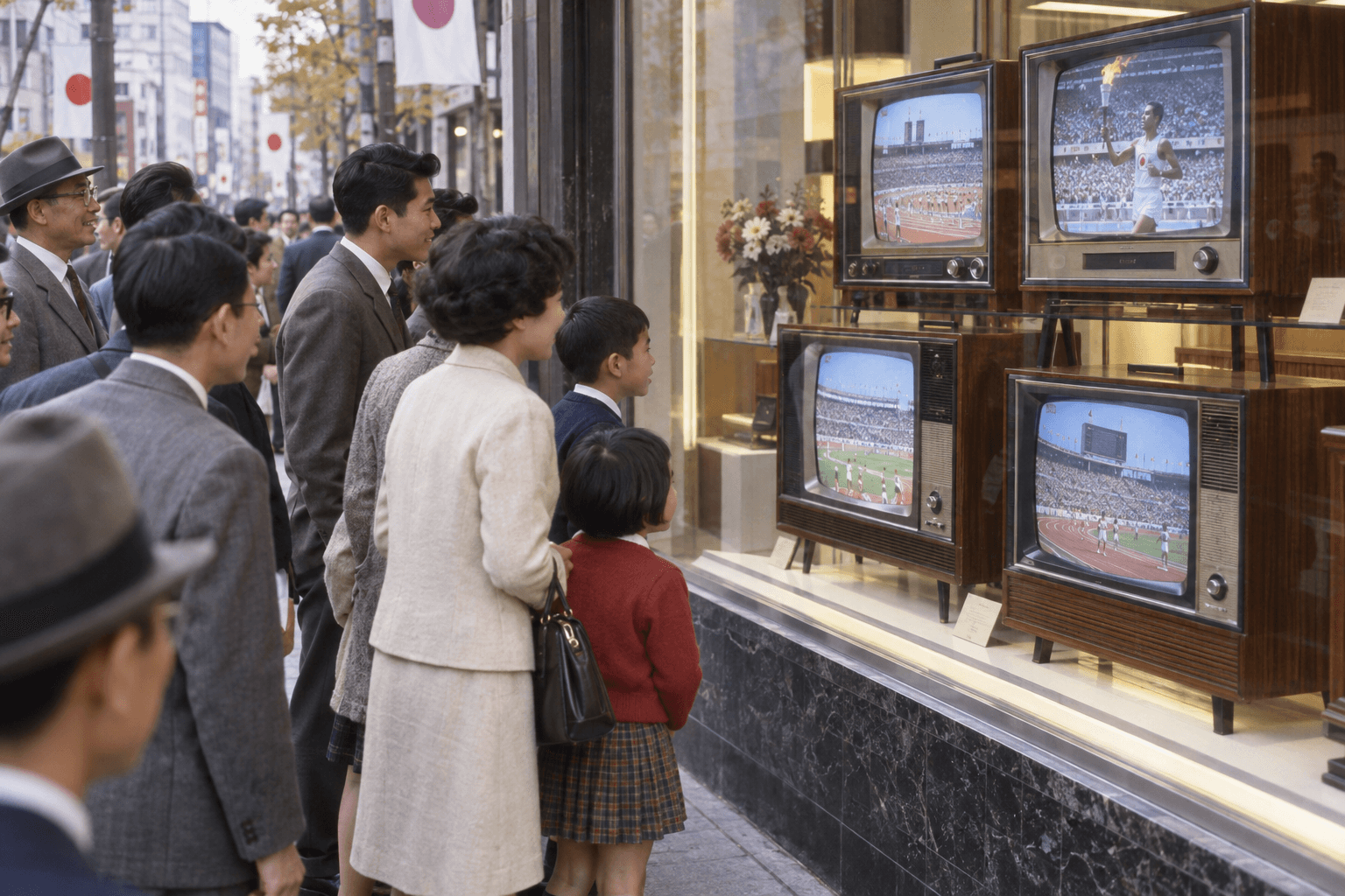 カラーテレビが並ぶ1960年代の街頭風景のイメージ画像。特定の人物・商品・企業の再現ではありません。