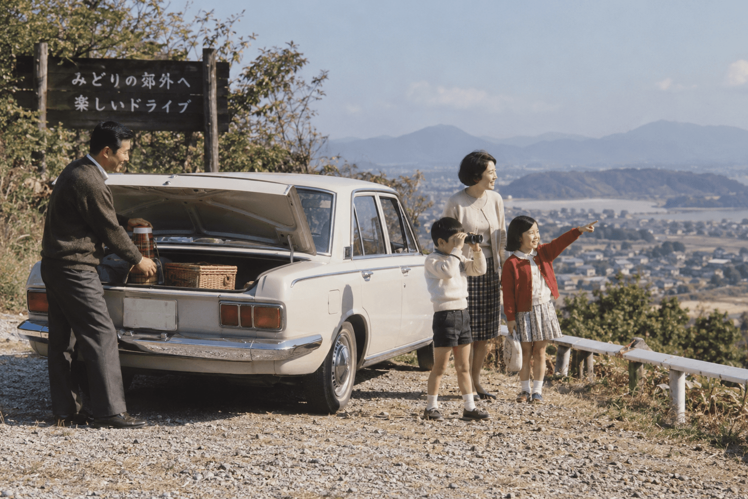 1960年代後半、休日に郊外へドライブに出かけ、道路脇で車を停めて休憩する家族のイメージ画像。特定の車種・ブランドの再現ではありません。