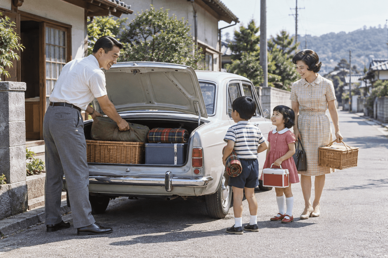 小型乗用車へ荷物を積む家族のイメージ画像。特定の人物・商品・企業の再現ではありません。