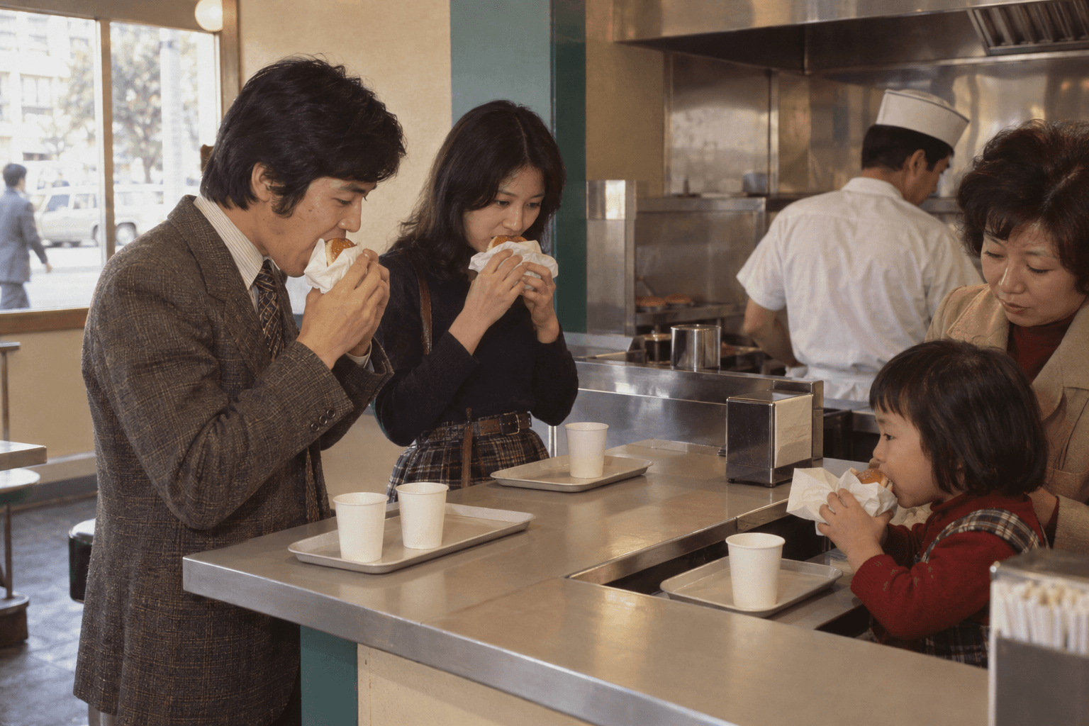 1970年代初頭の洋風軽食店で、カウンター越しに手軽な食事を楽しむ人々