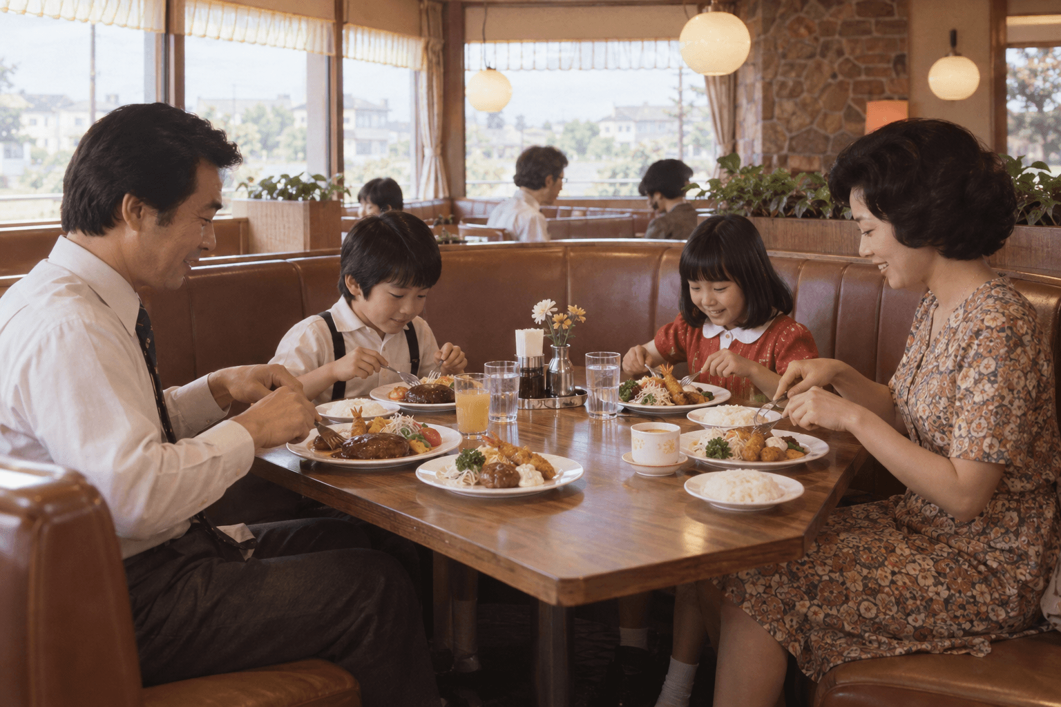 1970年代の郊外レストランで、洋食を囲んで食事を楽しむ家族