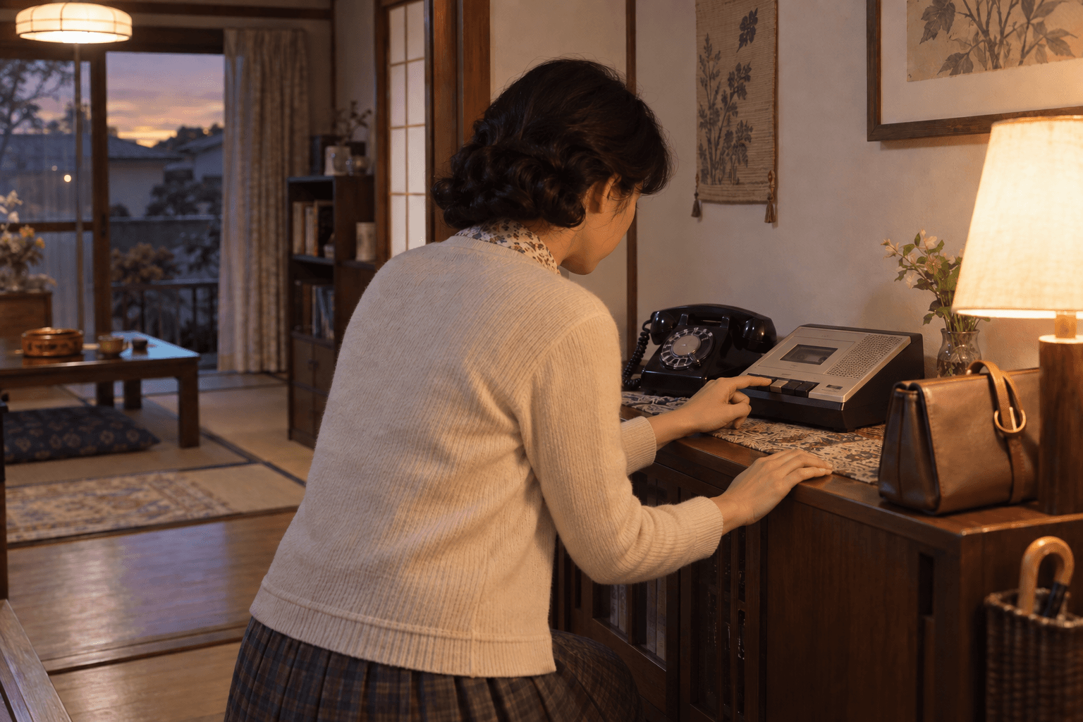 昭和後期の家庭で、帰宅後に留守番電話の録音を再生する女性