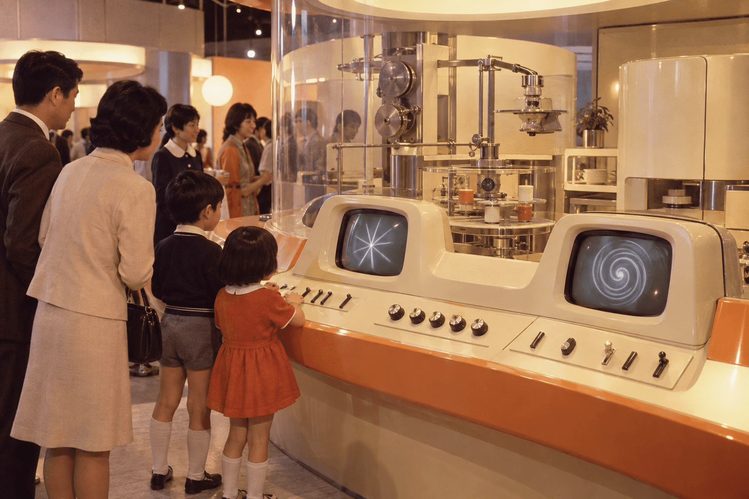 1970年の博覧会を思わせる屋内展示で、未来的な機械やブラウン管を見る来場者たち