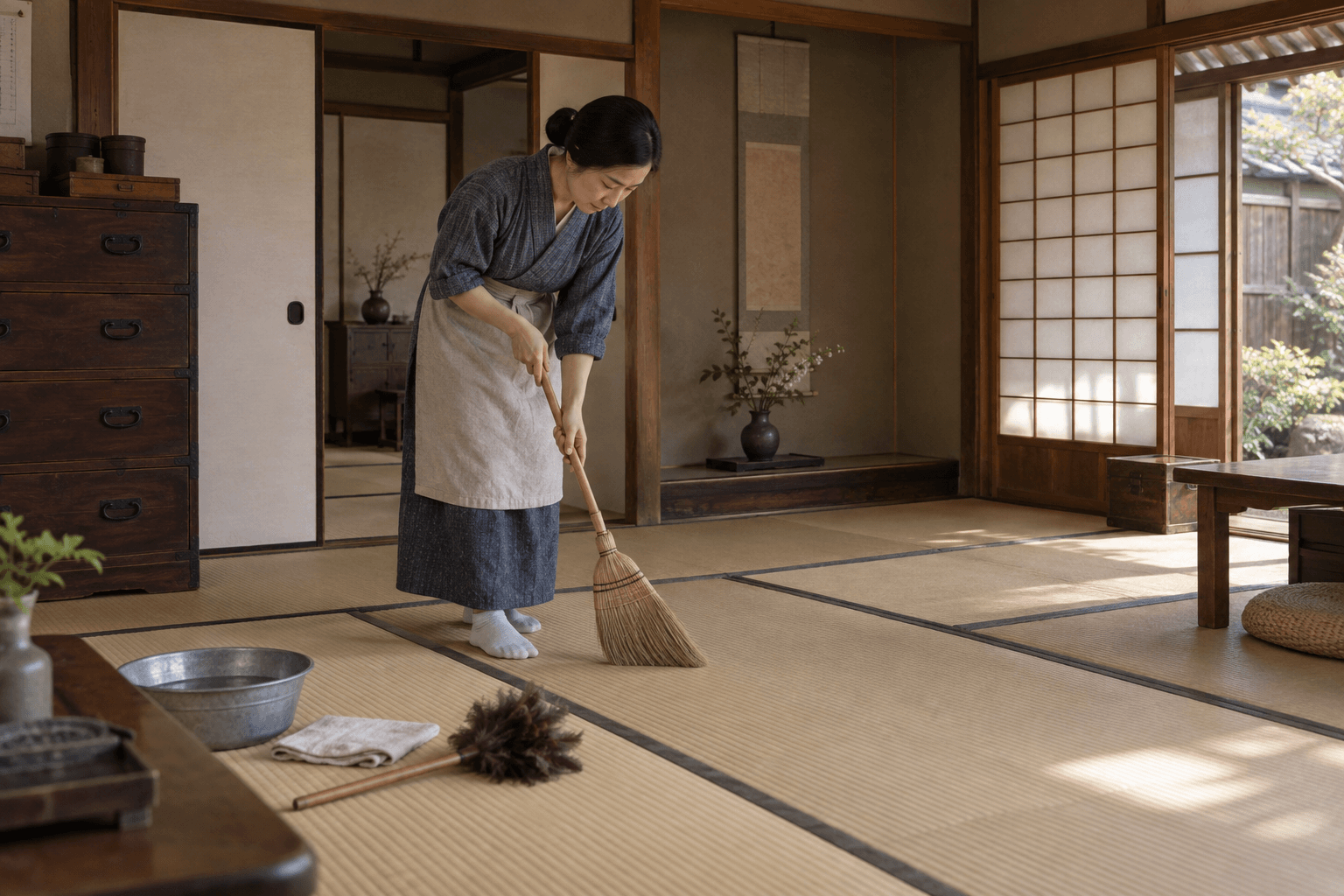 畳の部屋を、ほうきで掃除する様子