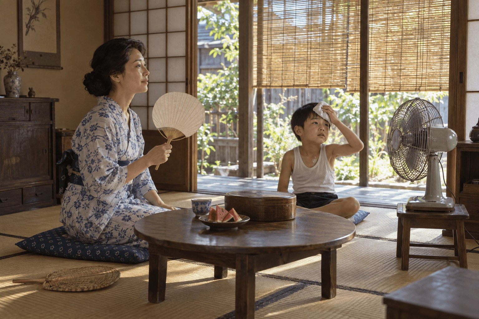 扇風機やうちわで暑さをしのぐ、夏の家庭の様子