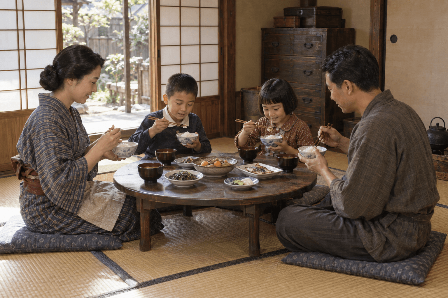 畳の部屋で、ちゃぶ台を囲む家族の様子