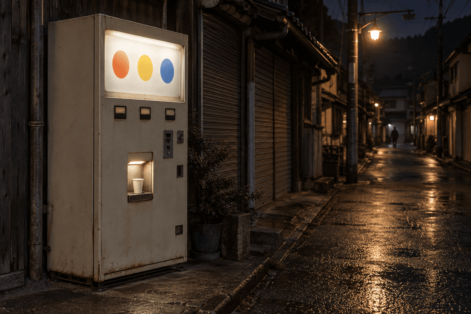 夜の街角に置かれた、紙コップ式の自動販売機の様子