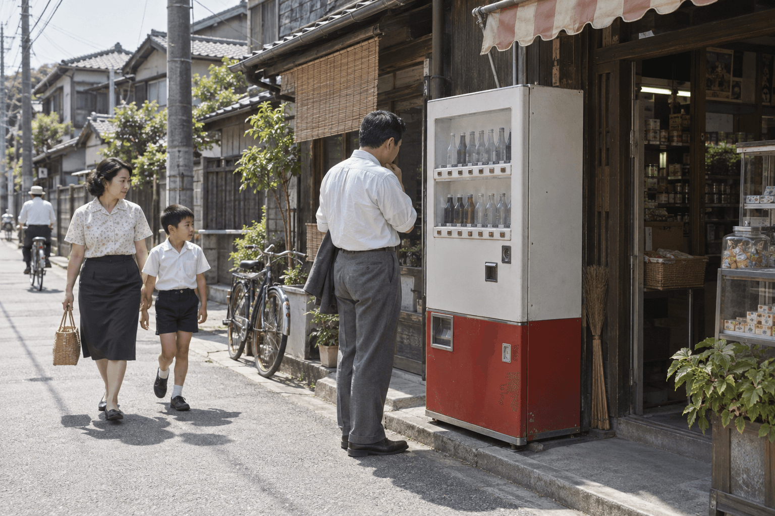 昭和40年代頃の住宅と商店が並ぶ街角で、初期の飲料自動販売機を見る人々
