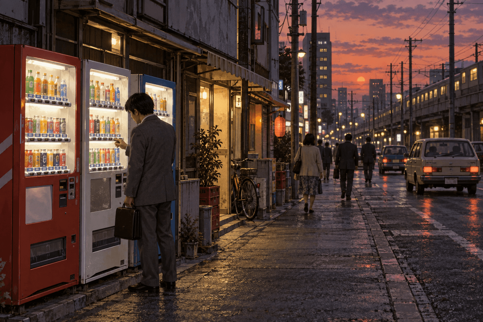夕暮れの街で自動販売機を使う会社員のイメージ画像。特定の人物・商品・企業の再現ではありません。