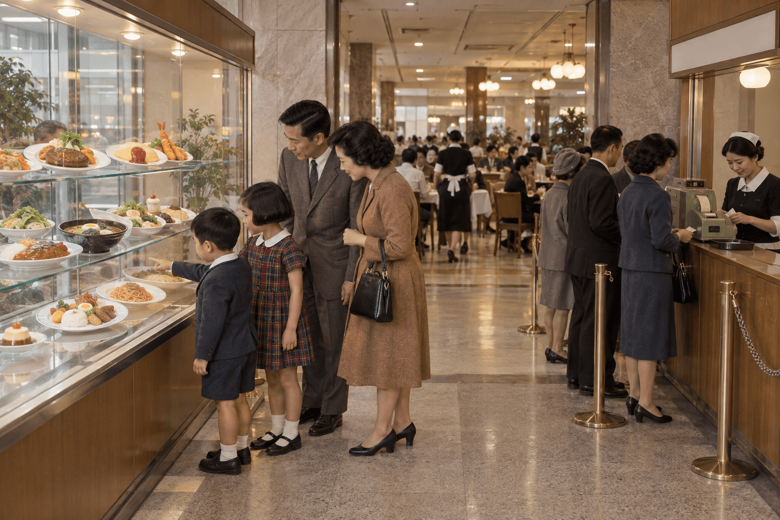 食品サンプルを見ながら食券を選ぶ、家族の様子