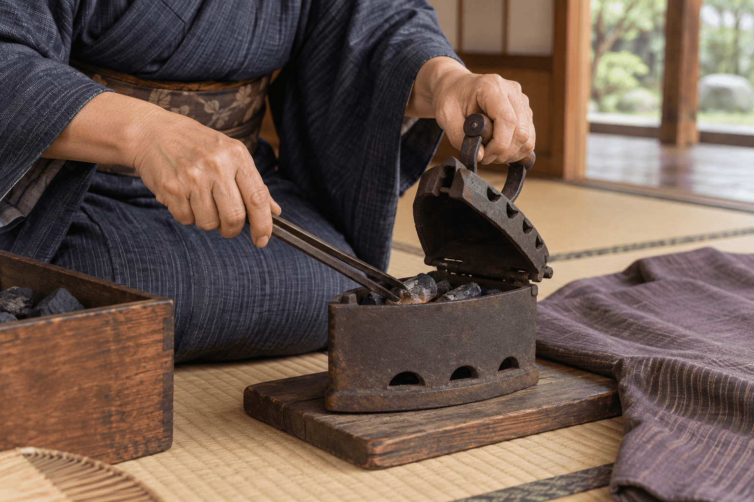 明治〜大正期、着物姿の人物が炭火アイロンに炭を入れている様子