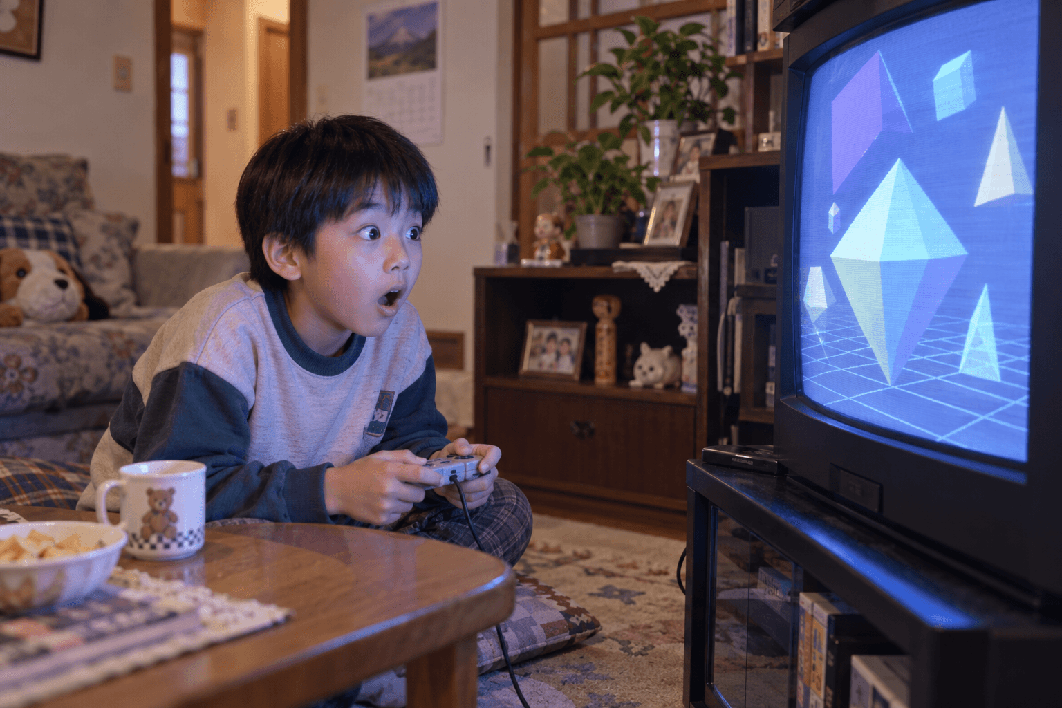 テレビ画面に映る立体的な映像に驚く子どもの表情