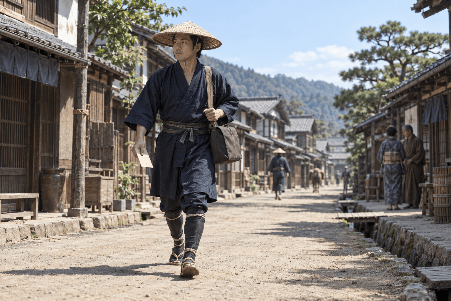 明治初期、和装(法被・竹の子笠)姿の郵便配達員が徒歩で配達する様子。実在の郵便配達員の制服の再現ではありません。