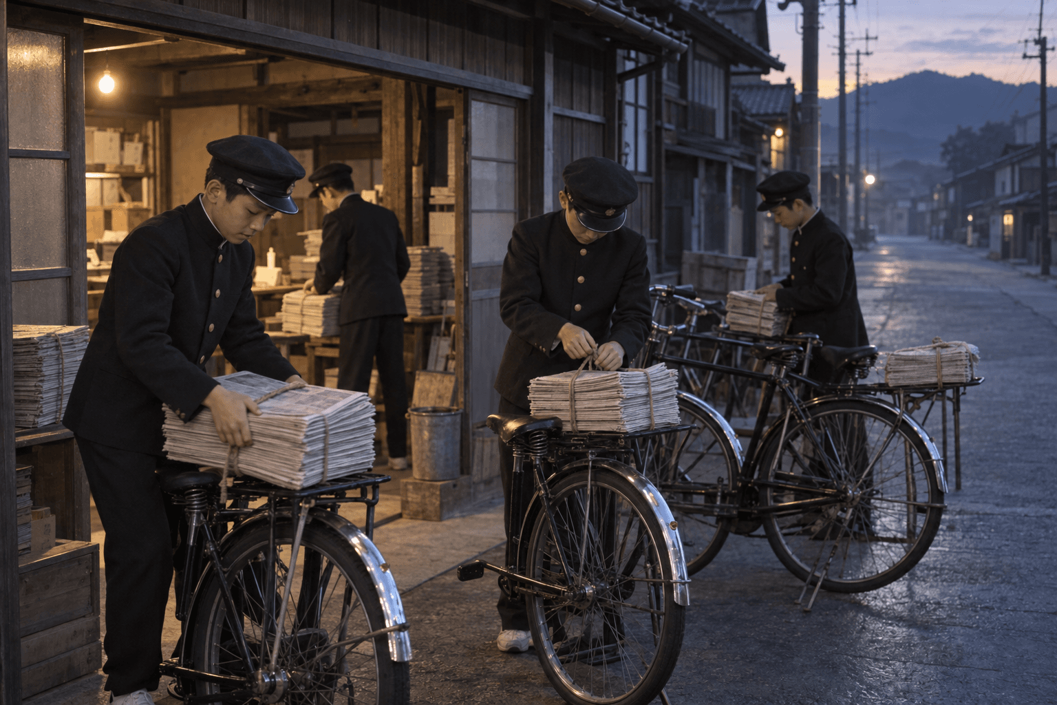 新聞販売店の前で、新聞を自転車の荷台に積み込む新聞少年たちの様子