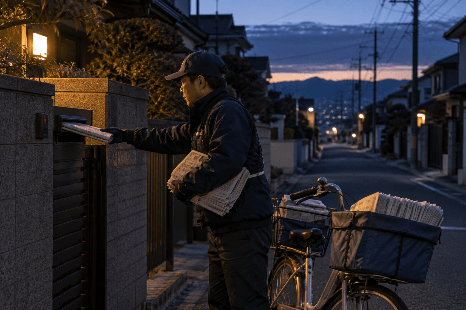 現代、成人の配達員が新聞を配達する様子