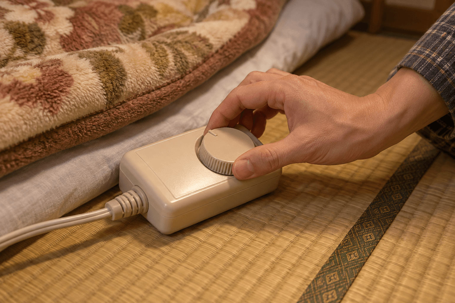 電気毛布の温度調節ダイヤルを操作する手元の様子。実在製品の再現ではありません。