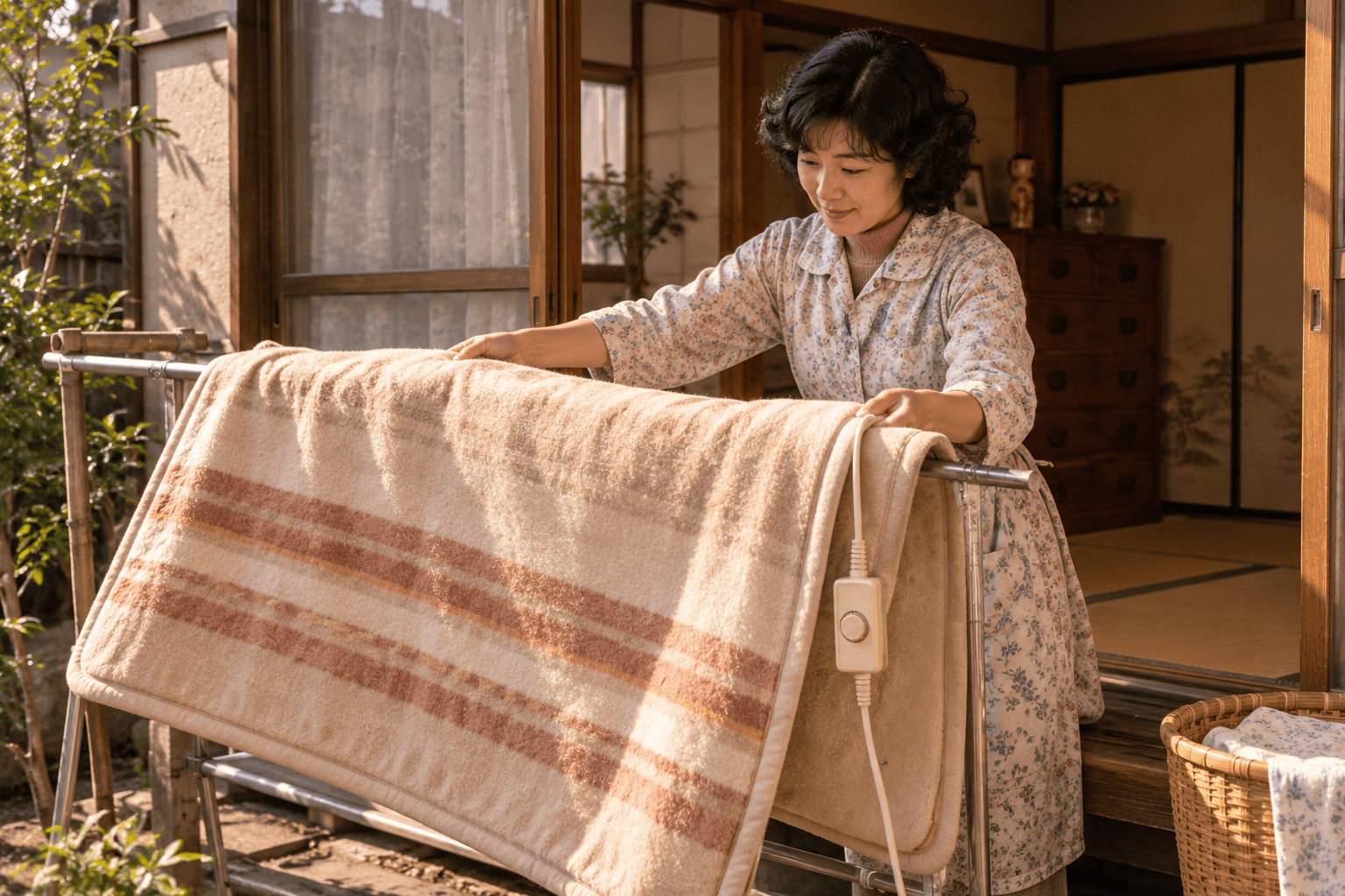 電気敷毛布を屋外で干している様子。実在製品の再現ではありません。