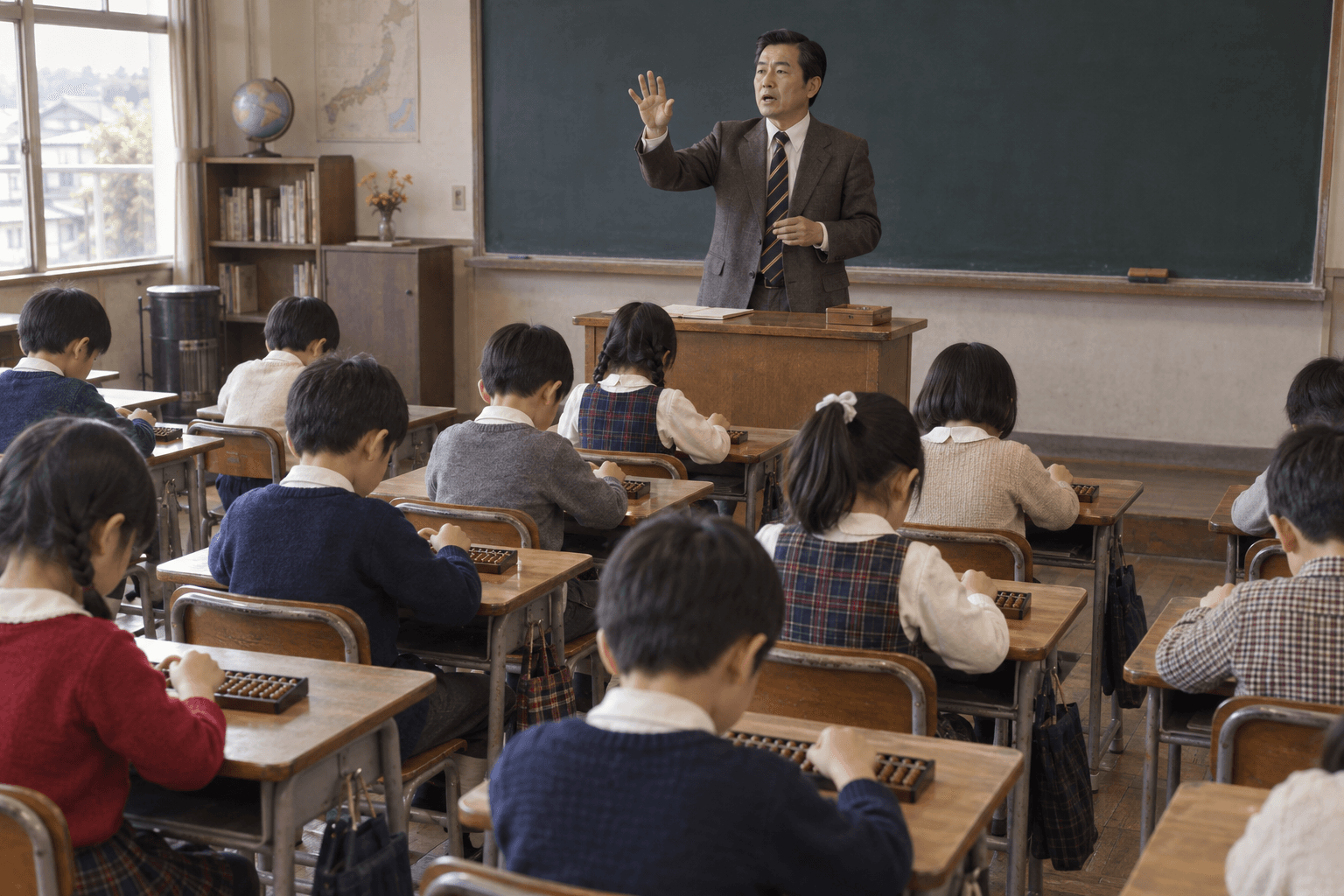 そろばん教室で、先生が号令をかけ生徒たちがそろばんを操作する様子