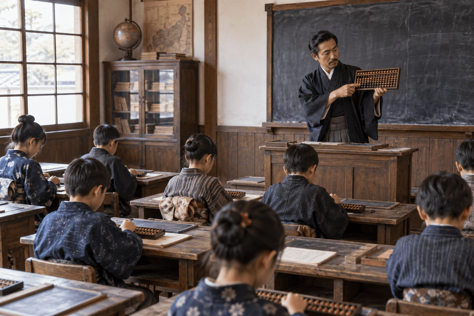 明治期の小学校で、そろばんを使った算術が教えられている様子