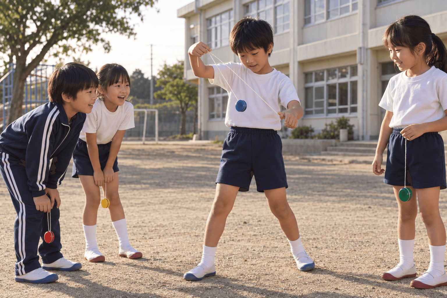 放課後の校庭で、子どもたちがヨーヨーの技を見せ合っている様子。実在の商品の再現ではありません。