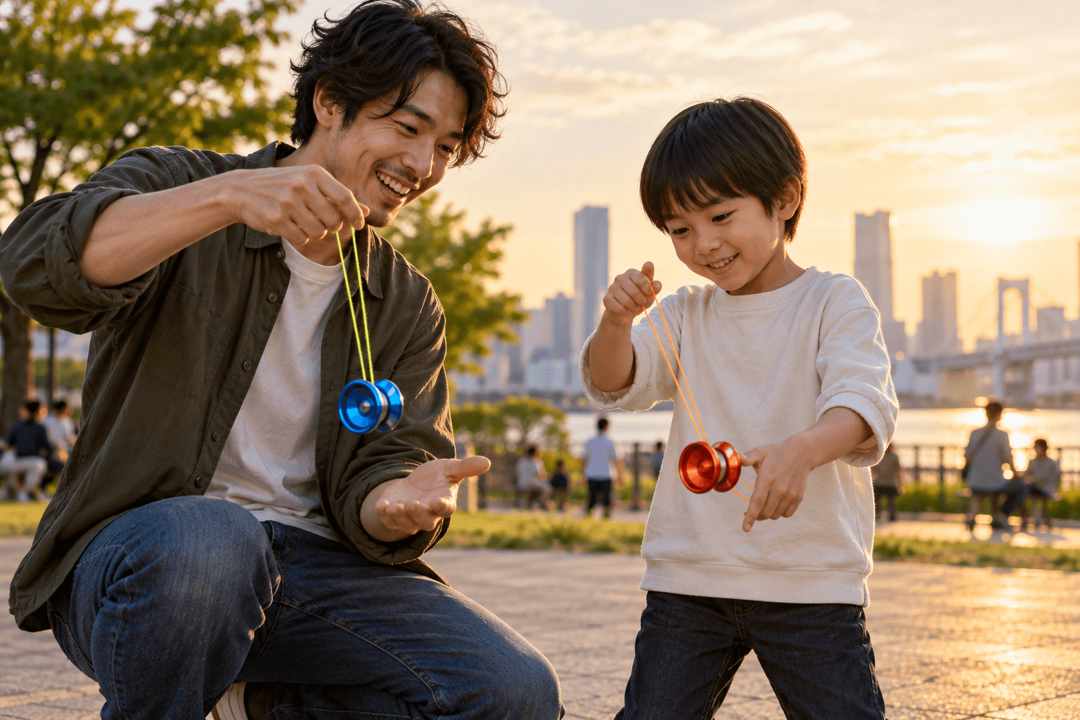 大人と子どもが一緒にヨーヨーで遊ぶ様子。実在の商品の再現ではありません。