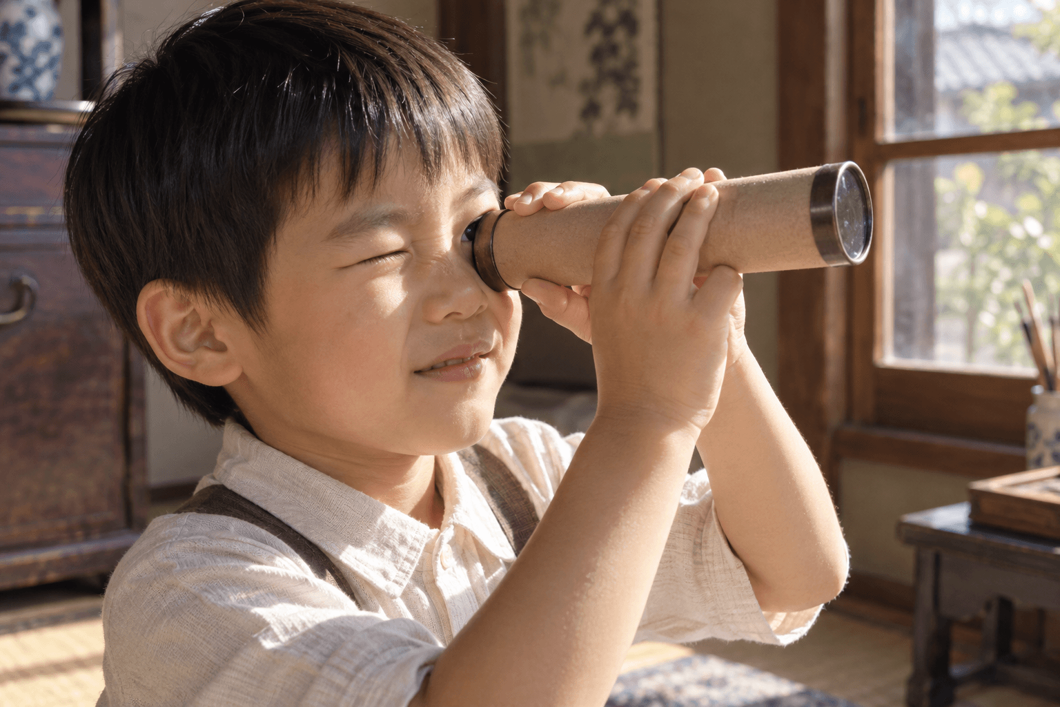 万華鏡を片目で覗き込む子どもの様子