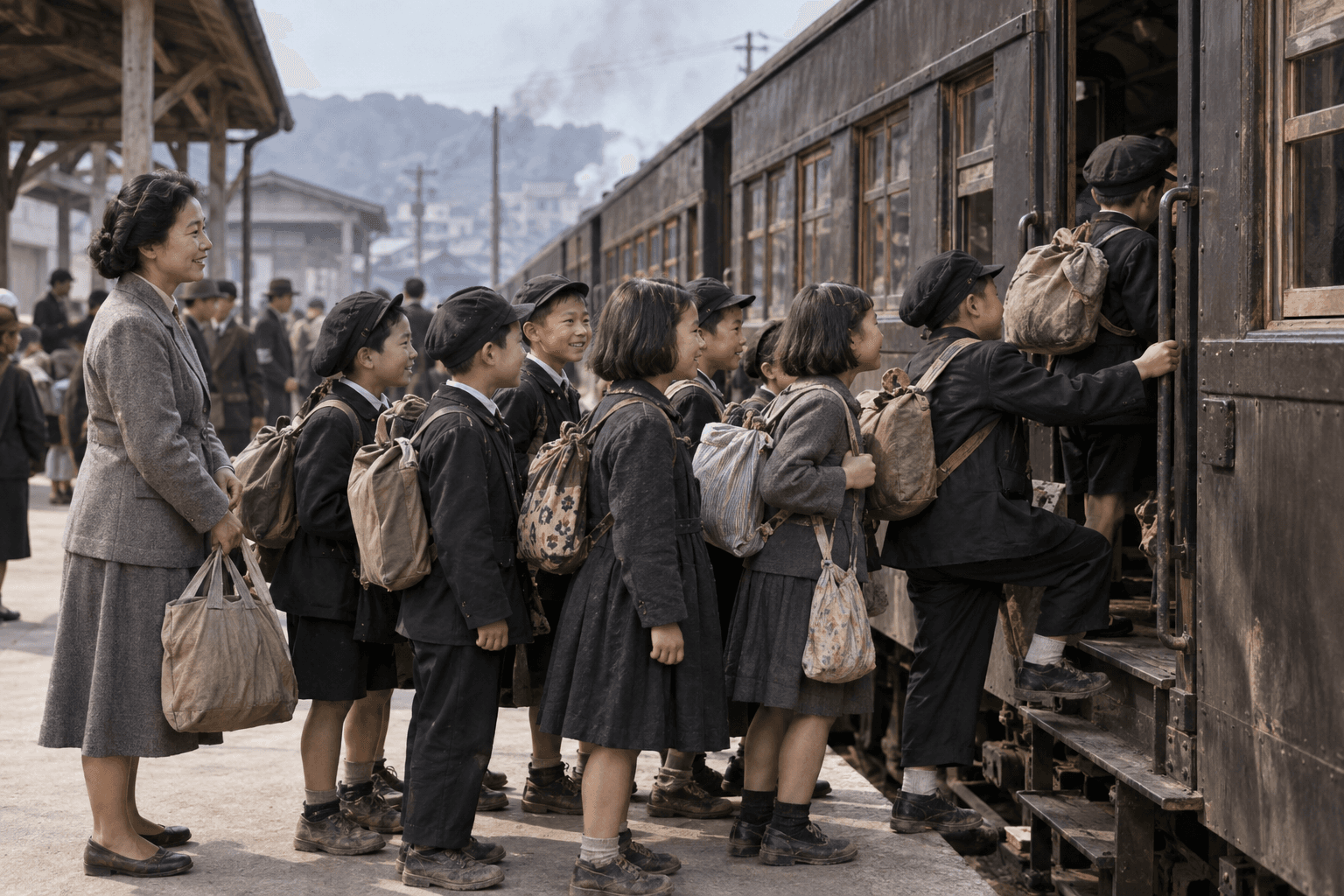 終戦直後、修学旅行に出発する生徒たちが列車に乗り込む様子
