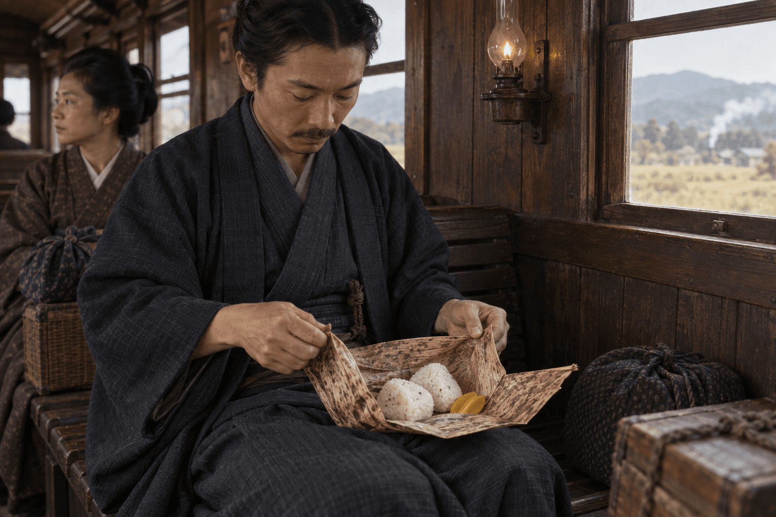 明治期の木造客車で、竹皮に包まれた握り飯と沢庵を開く旅人の手元