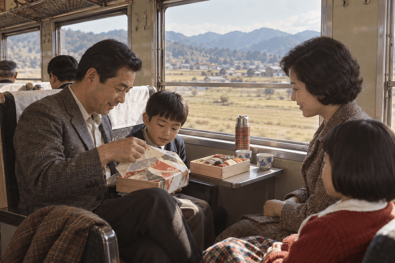 昭和40年代頃の列車内で、掛紙を外して駅弁を開く家族旅行の様子