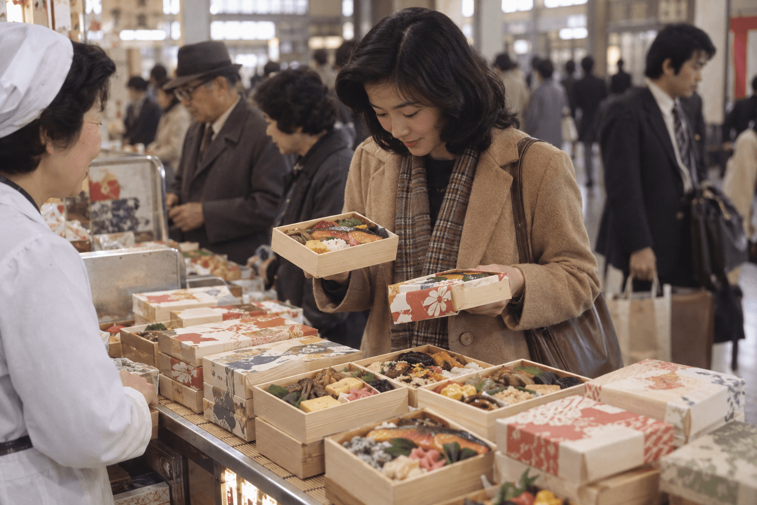 昭和後期の売り場で、地域ごとに異なる駅弁を見比べる旅人の様子