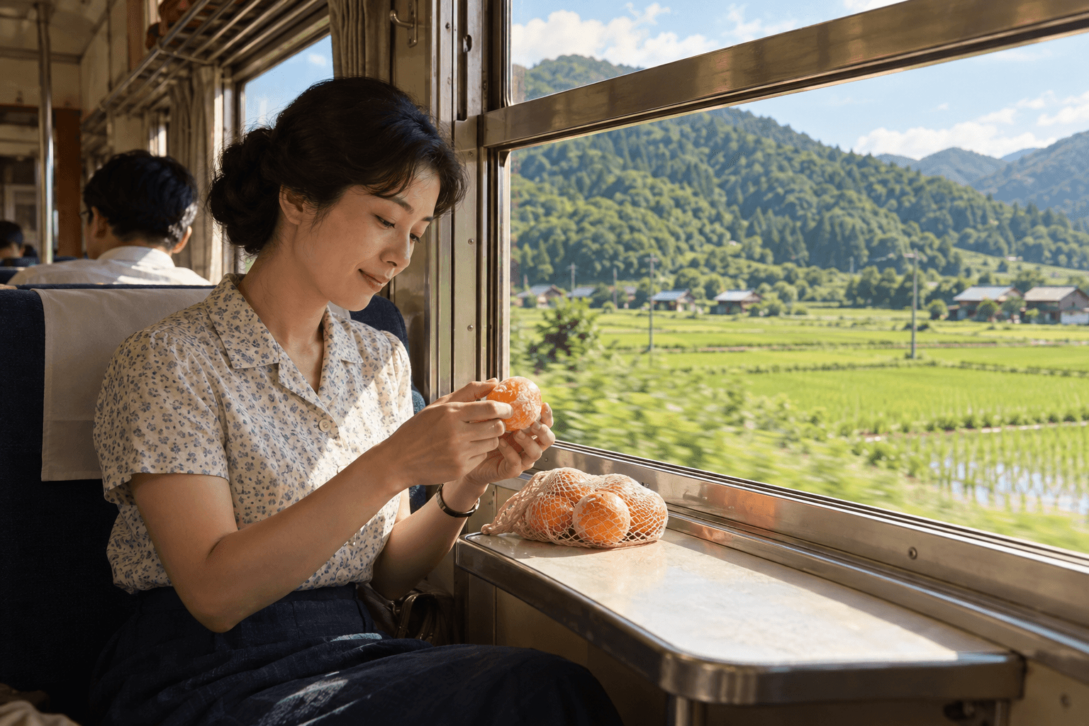 昭和の夏の列車内で、網袋から出した冷凍みかんが食べ頃になるのを待つ旅客の情景を描いたイメージ画像