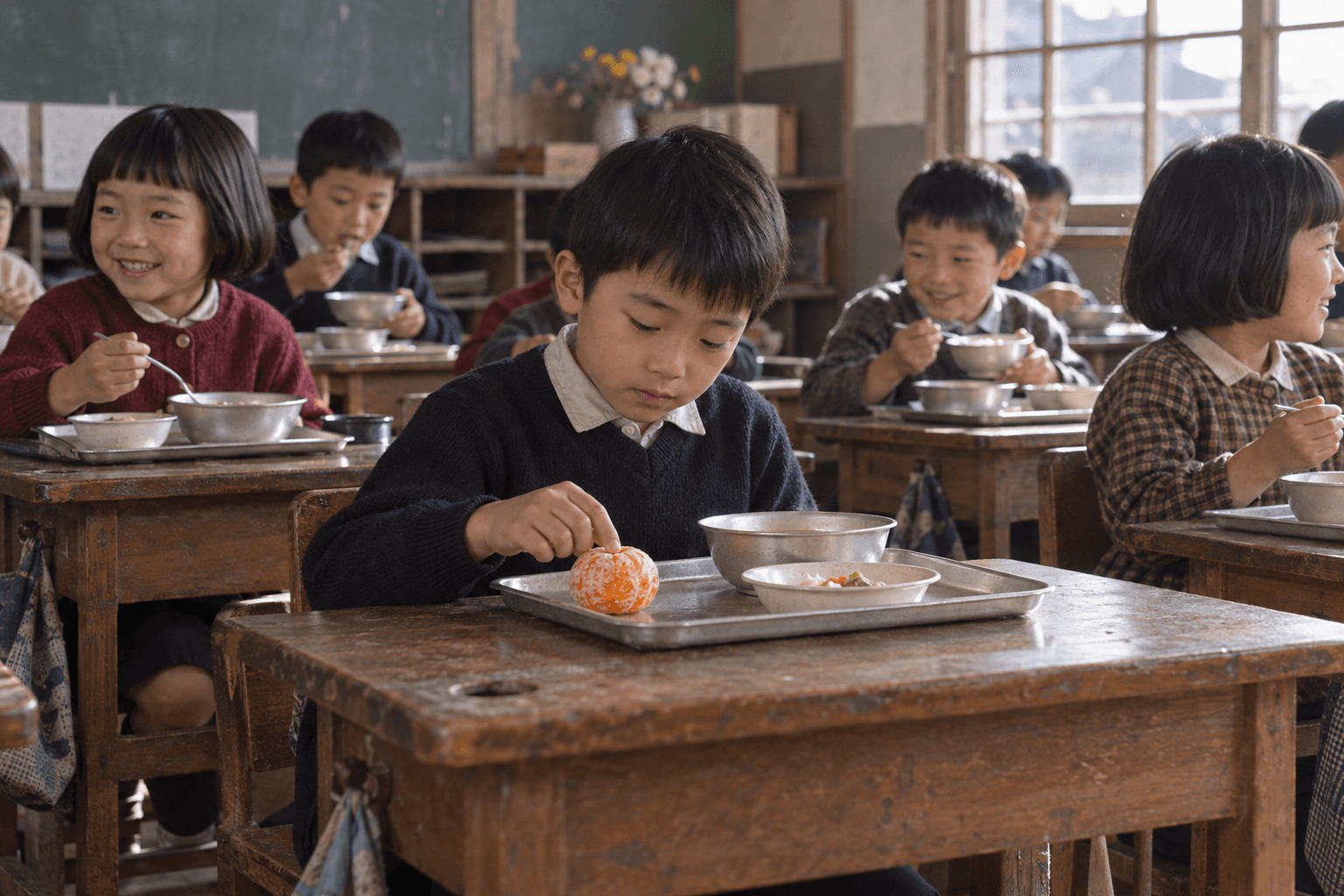 昭和の学校給食で、冷凍みかんを前に食べ頃を待つ子どもたちの情景を描いたイメージ画像