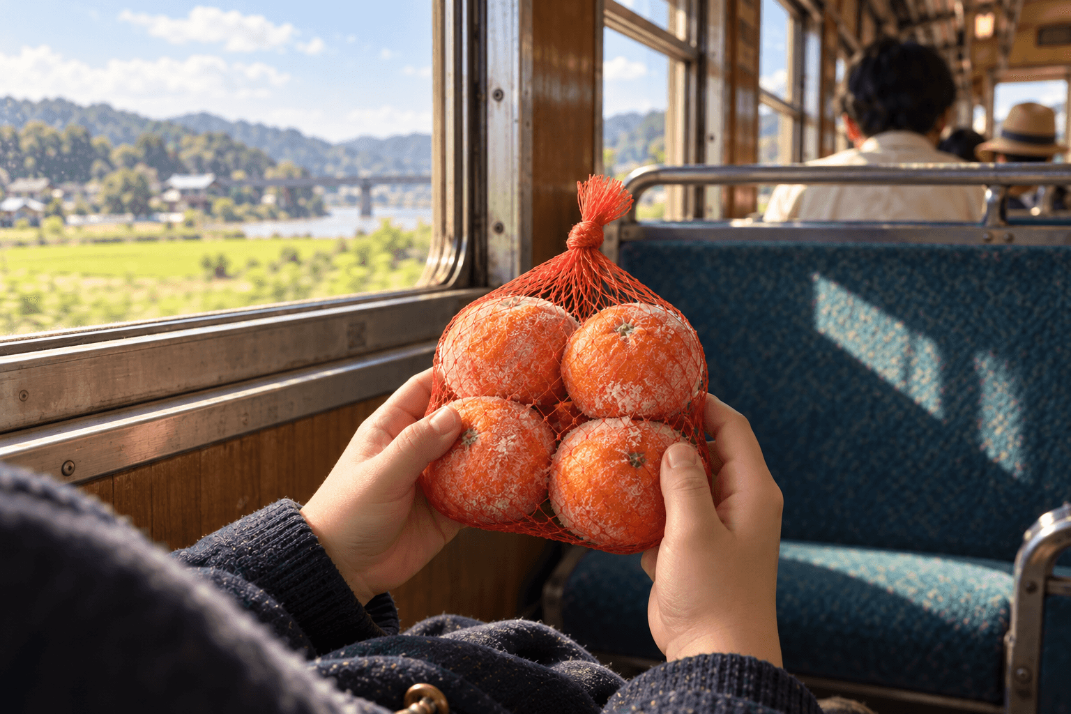 昭和の夏の列車内で、網袋入りの冷凍みかんを手に取り、食べ頃を待つ旅客の情景を描いたイメージ画像