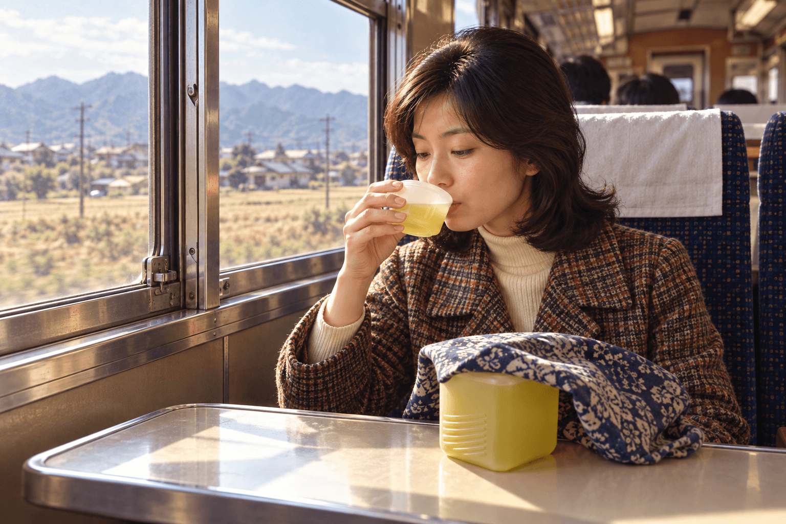 昭和の列車内で、お茶容器の深い蓋を湯のみとして使う旅客の手元を描いたイメージ画像