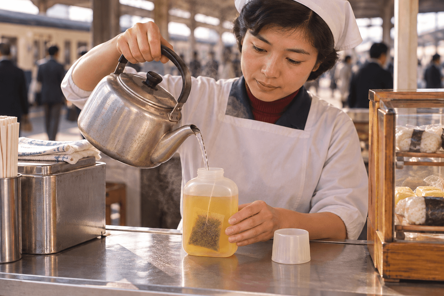 昭和の駅売店で、持ち手のないポリ茶瓶へ売り手がお湯を注ぐ場面を描いたイメージ画像
