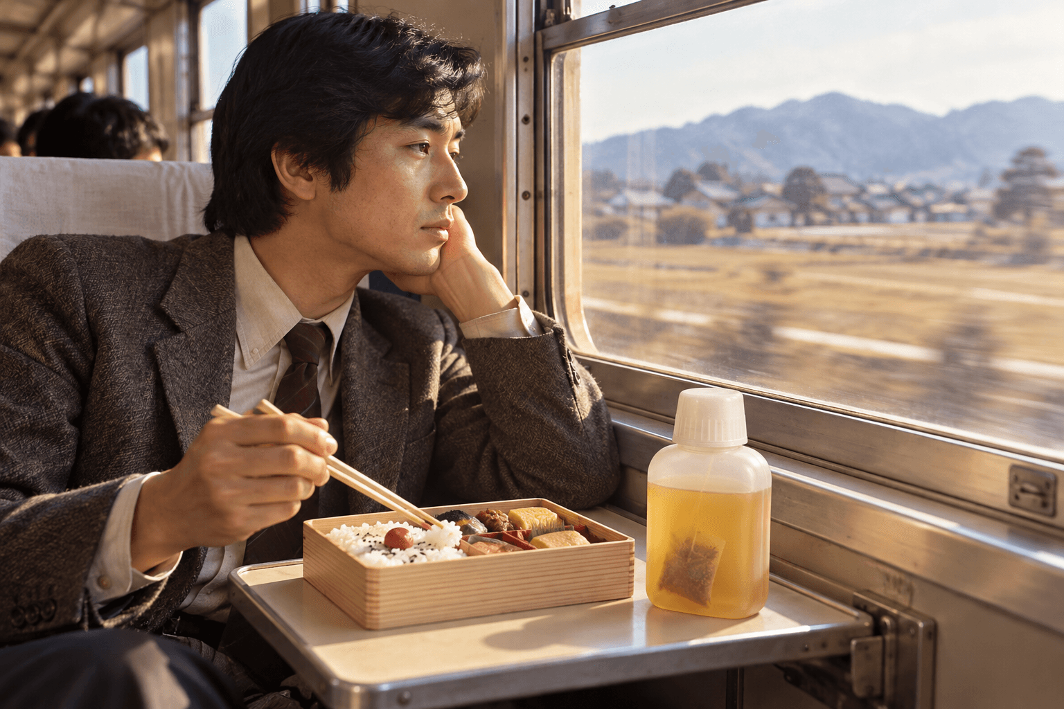昭和の列車内で、駅弁と蓋を閉じた小型のお茶容器を窓辺の卓へ置く旅客の情景を描いたイメージ画像