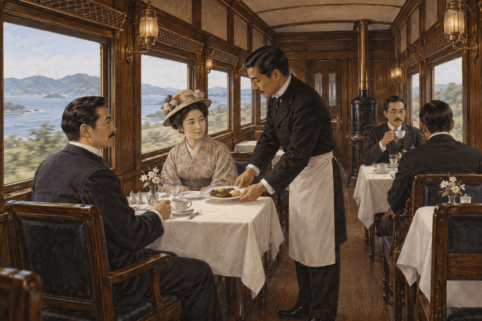 1899年頃の山陽鉄道における初期の洋食サービスを、木造客車と給仕の場面として構成した歴史イラスト