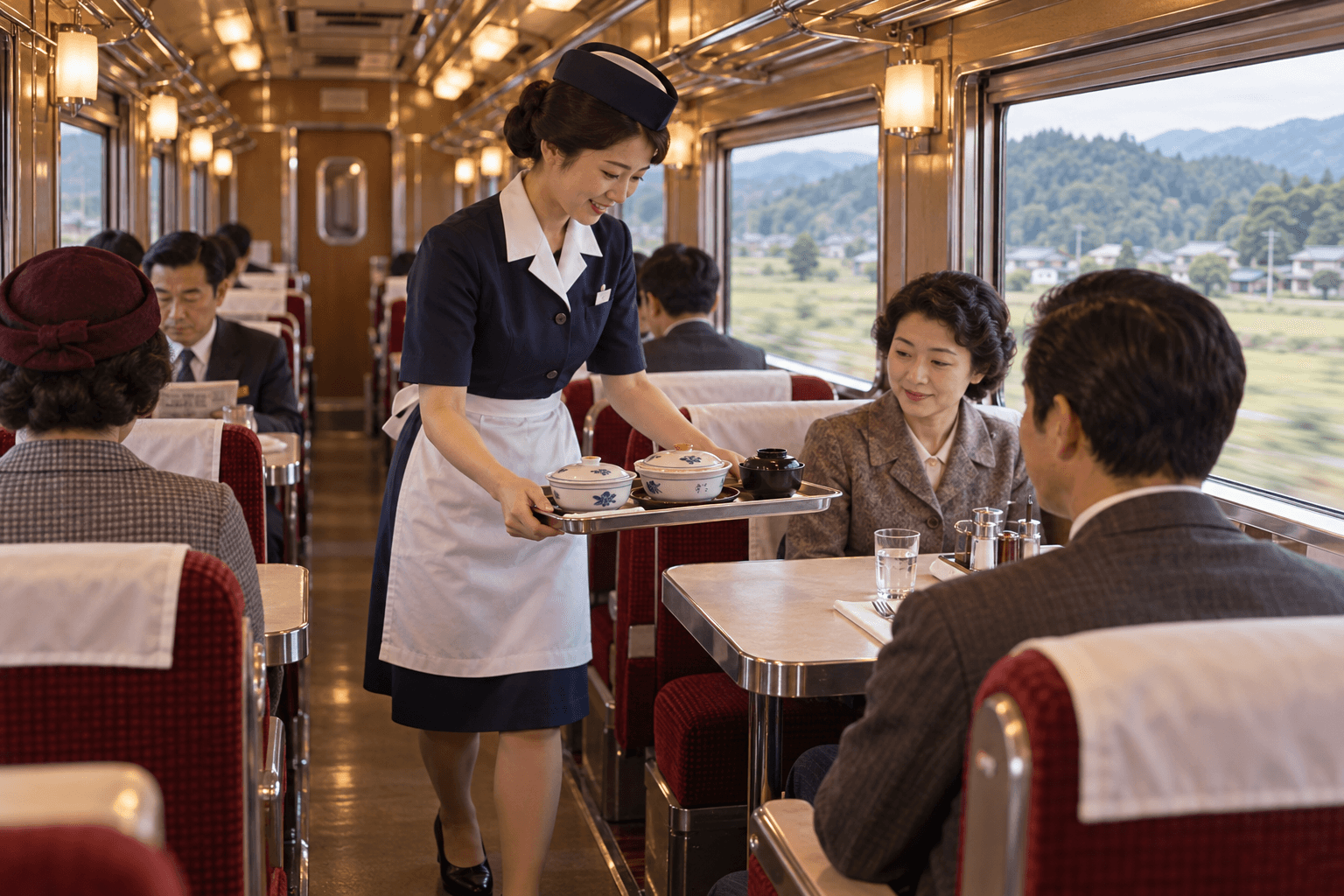 昭和の食堂車で、給仕が料理を載せた盆を持って狭い通路を進む情景を描いたイメージ画像