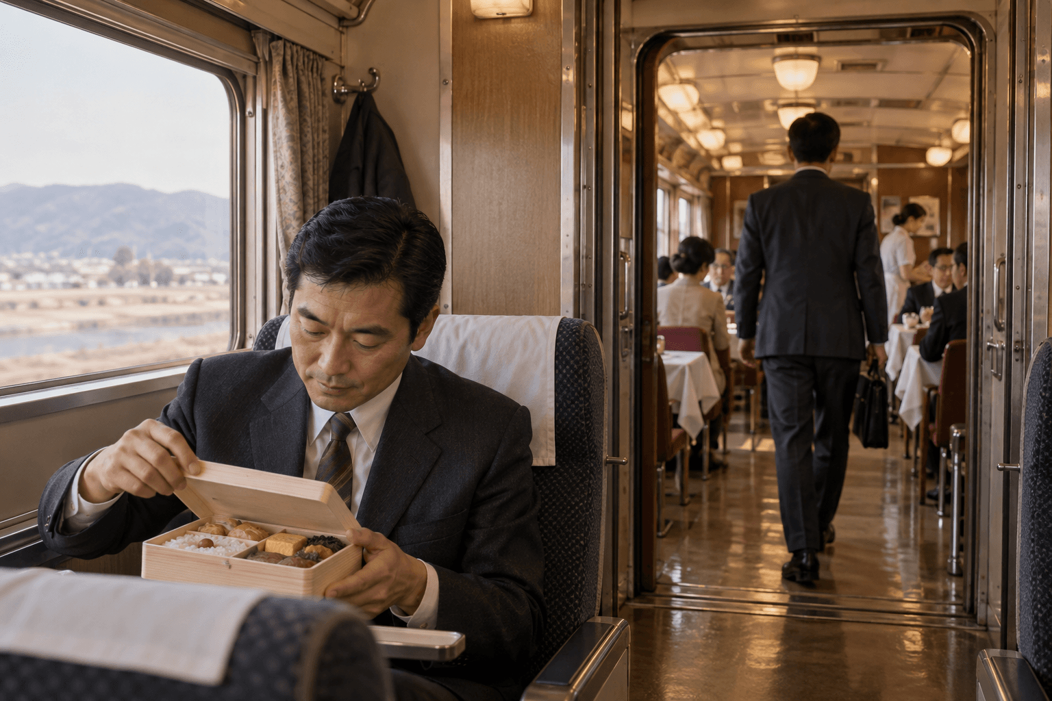 座席で駅弁を開く旅客と、食堂車へ向かう別の旅客を一つの列車内に描いたイメージ画像