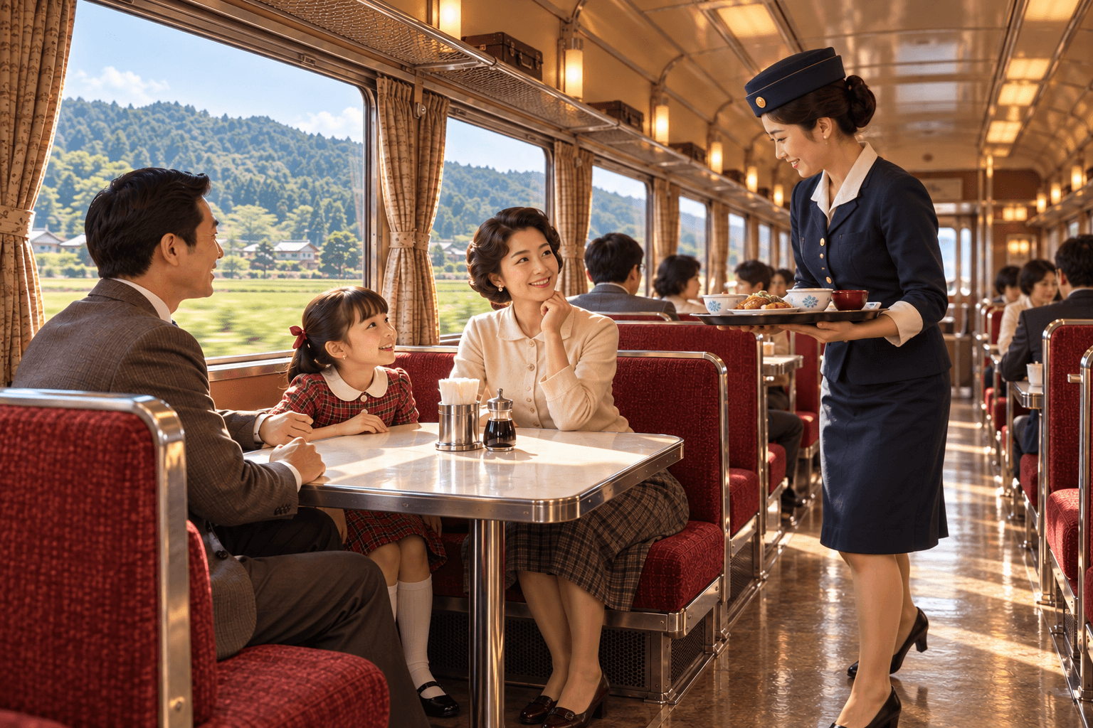 昭和の食堂車で、家族が卓上の料理を待ち、給仕が通路を進む情景を描いたイメージ画像
