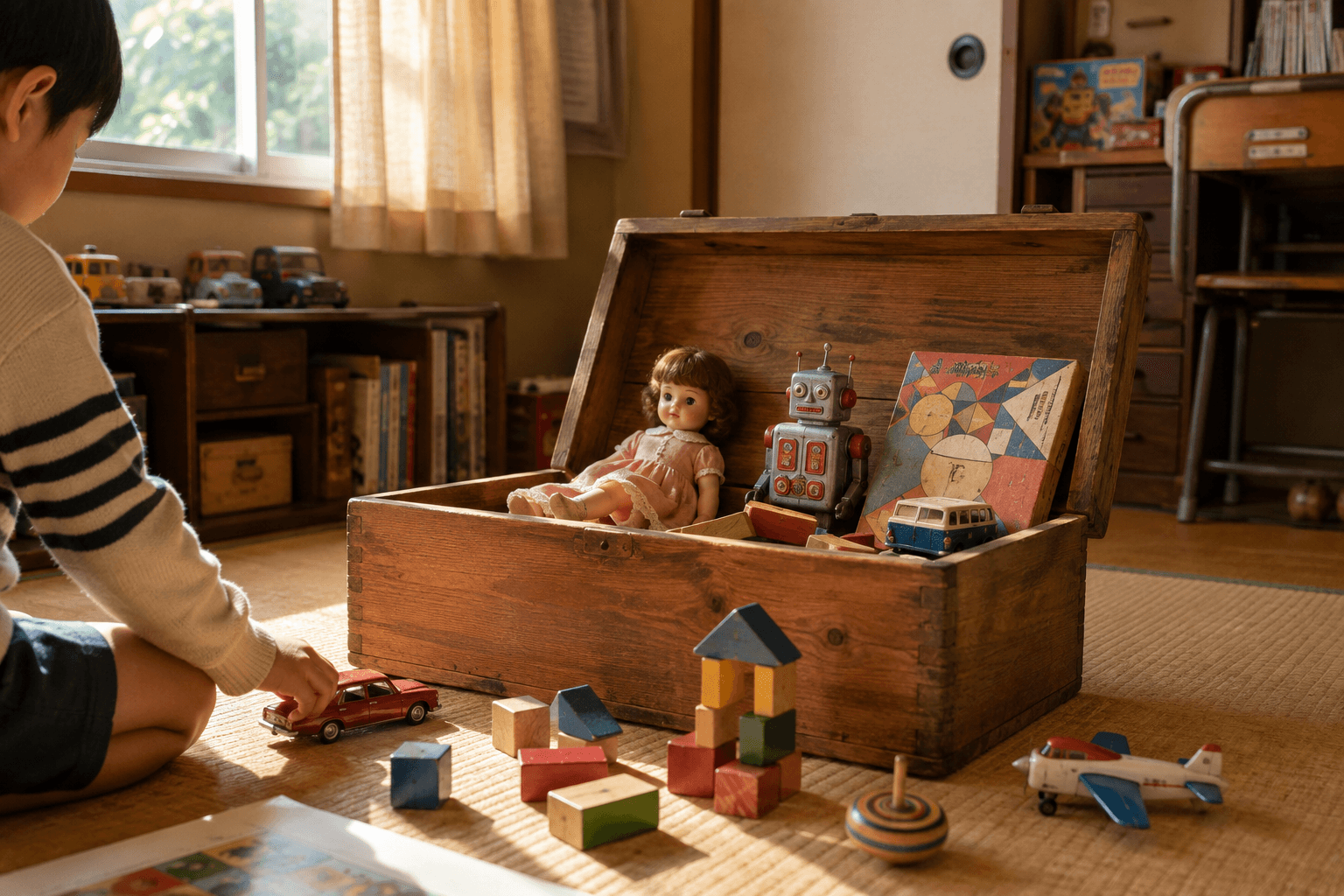 昭和の子ども部屋で、木製の玩具箱からミニカーや人形、ロボット玩具などが出てきている様子をイメージしたAI生成画像